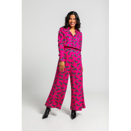 Pantalón fluido de estampado de perritos fucsia y verde by Lolina