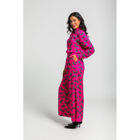 Pantalón fluido de estampado de perritos fucsia y verde by Lolina