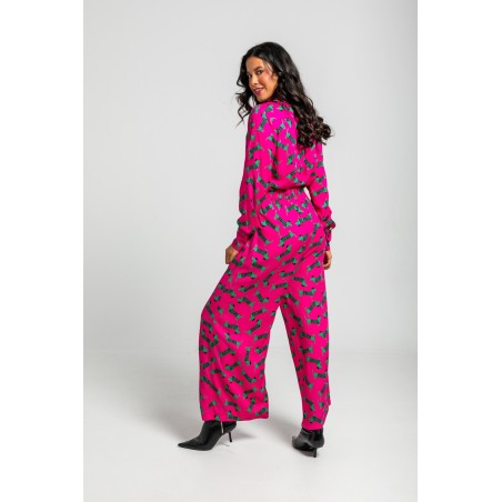 Pantalón fluido de estampado de perritos fucsia y verde by Lolina