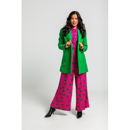 Pantalón fluido de estampado de perritos fucsia y verde by Lolina