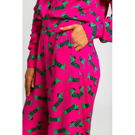 Pantalón fluido de estampado de perritos fucsia y verde by Lolina