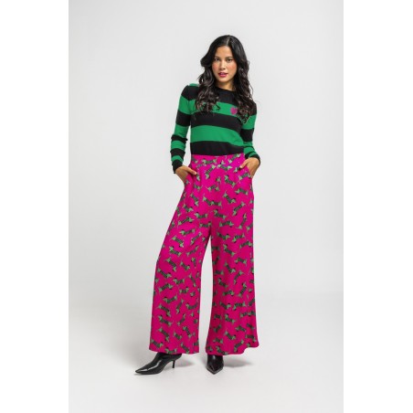 Pantalón fluido de estampado de perritos fucsia y verde by Lolina