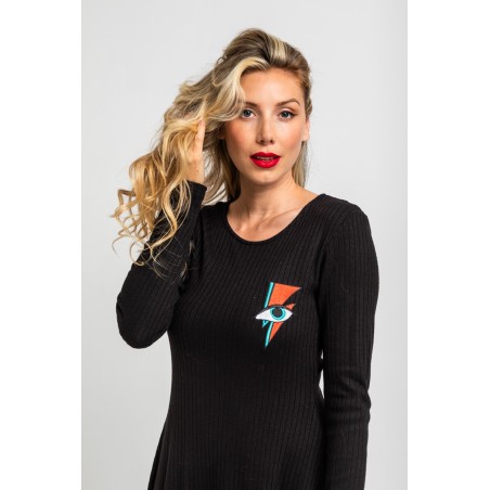 Vestido Mini Vuelo canalé negro con rayo y ojo by Lolina