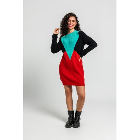 Vestido tejido tricolor rojo, negro y turquesa by Lolina