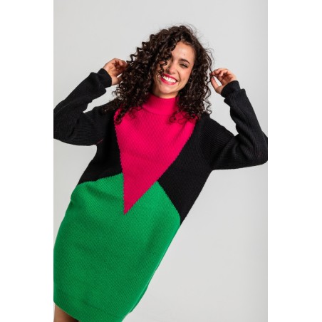 Vestido tejido tricolor fucsia, negro y verde by Lolina