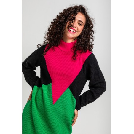 Vestido tejido tricolor fucsia, negro y verde by Lolina